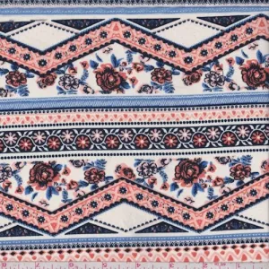 2 1/2 YD PC-Bone/Clay/Blue Floral Chevron Challis Fabric