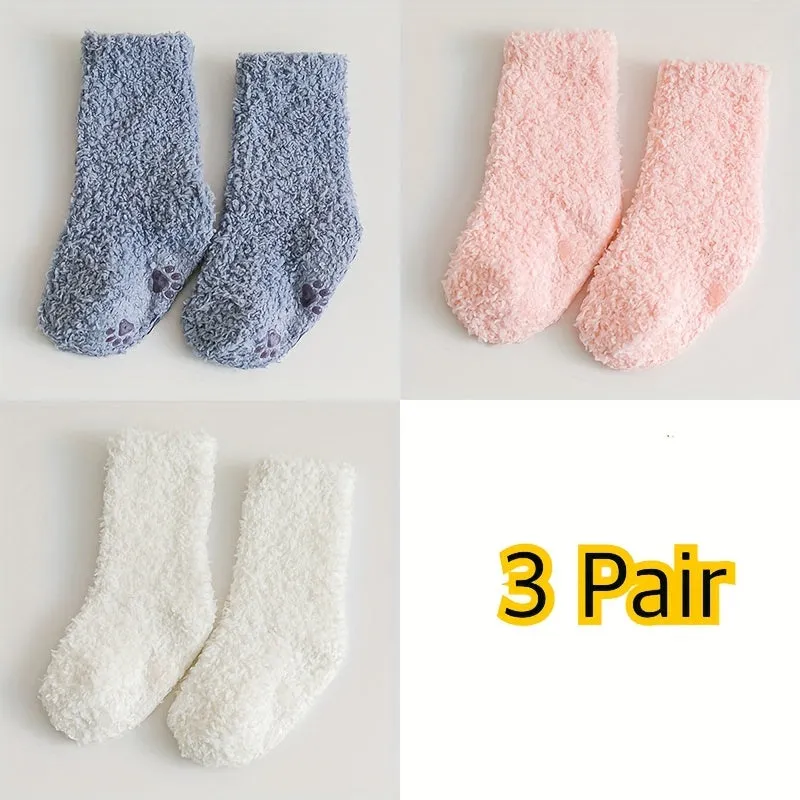 3 Pairs Of Baby Boy's Solid Color Thermal Thickened Crew Socks, Comfy Casual Soft Cotton Blend Knitted Crew Socks, Baby Boy's Hosiery