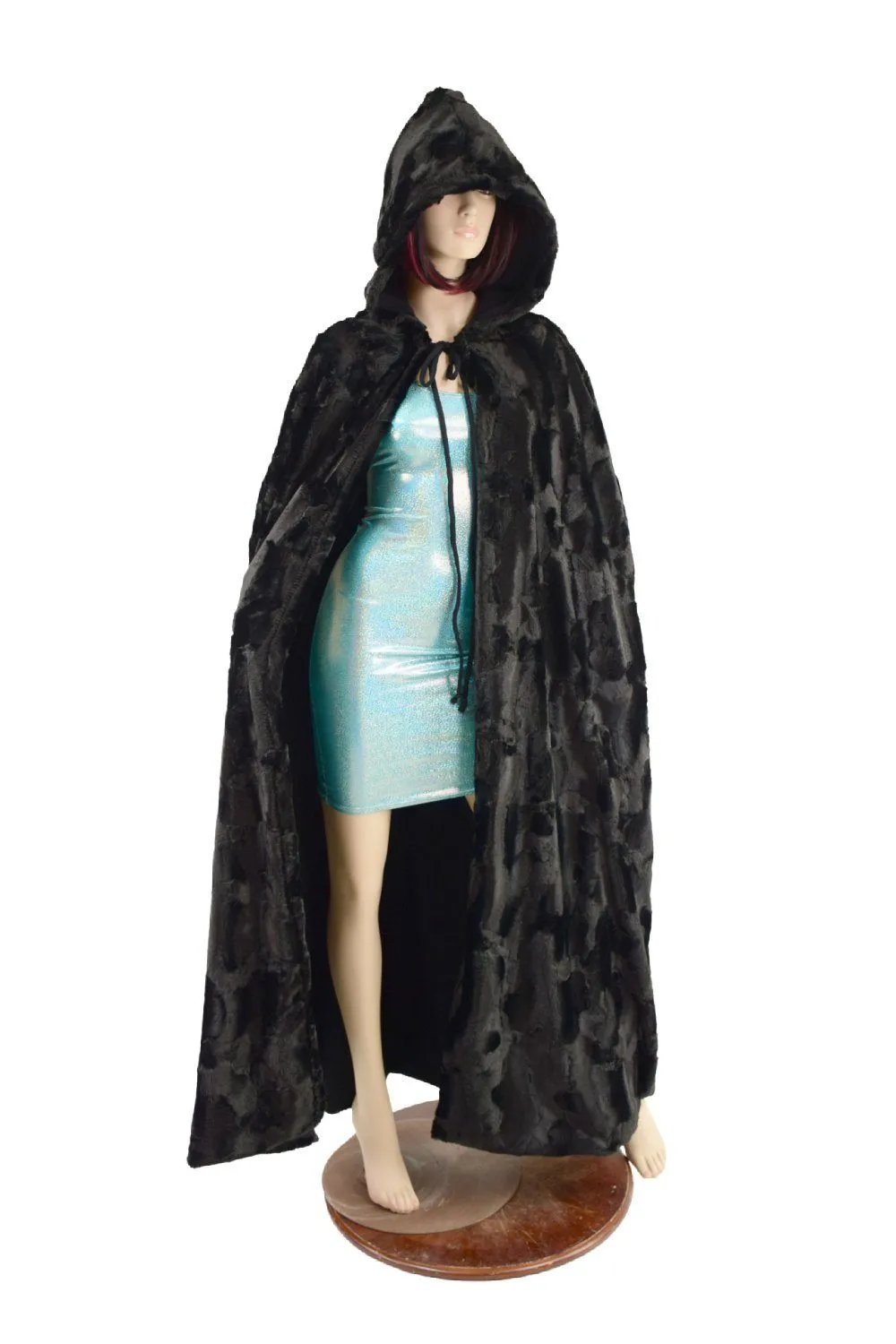 Black Minky Faux Fur Full Length Hooded Cape