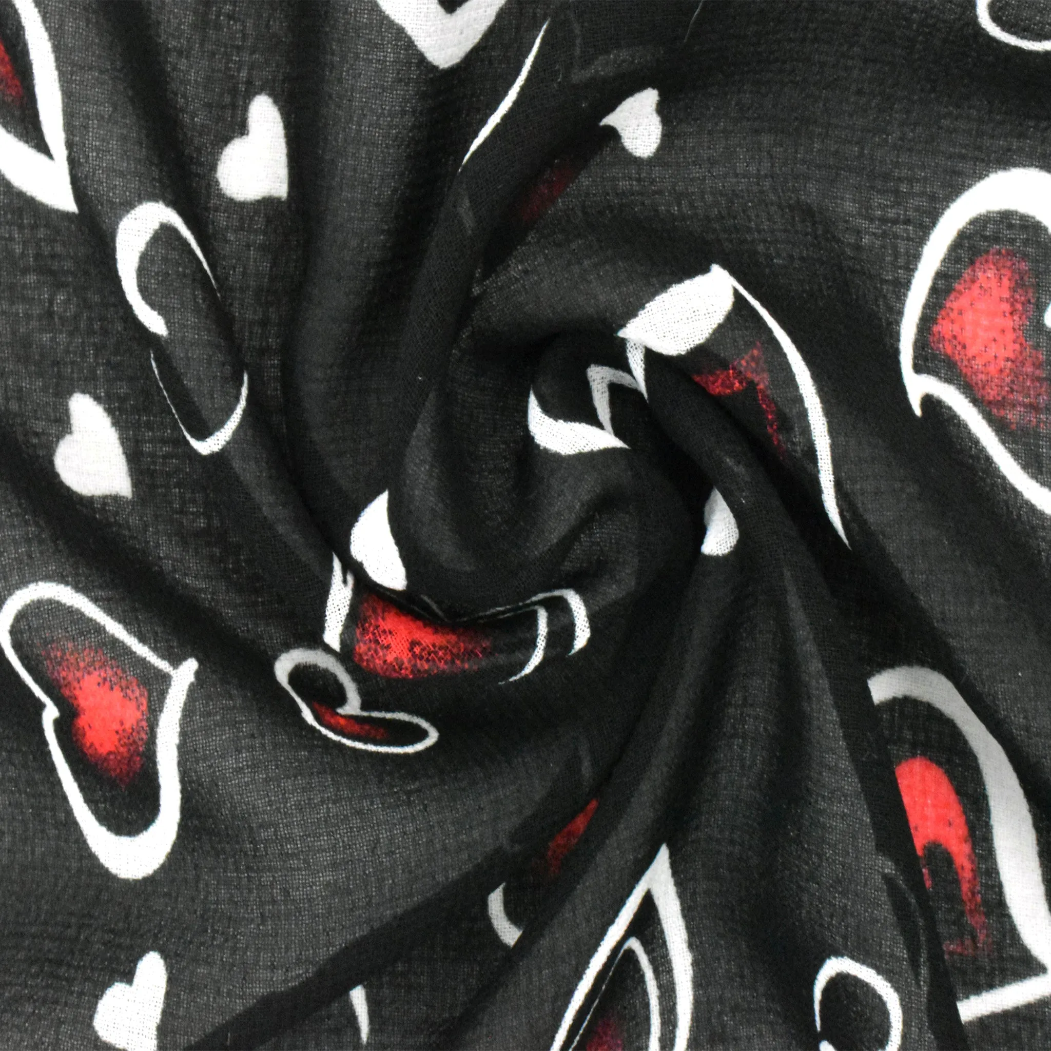 Black-White-Red Heart Printed Poly Chiffon Woven Fabric