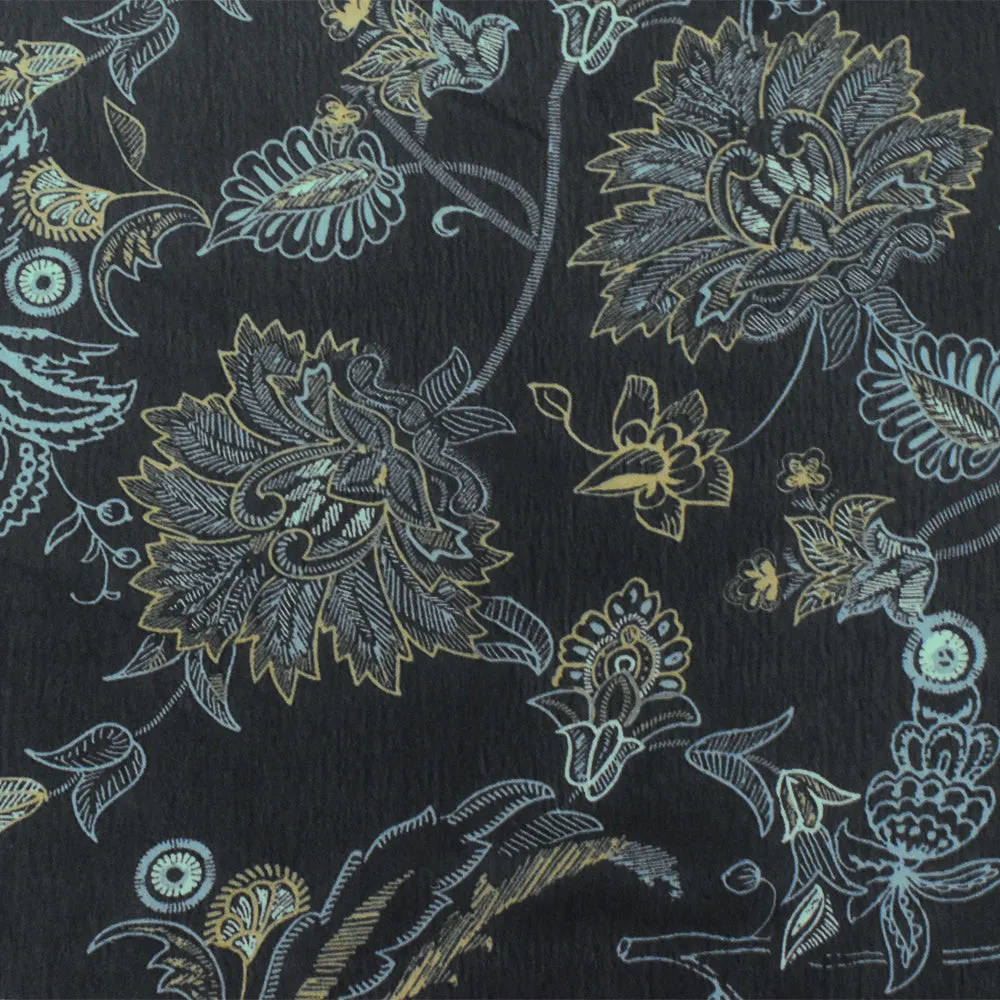 Black-Yellow-Blue Floral Printed Poly Chiffon Woven Fabric