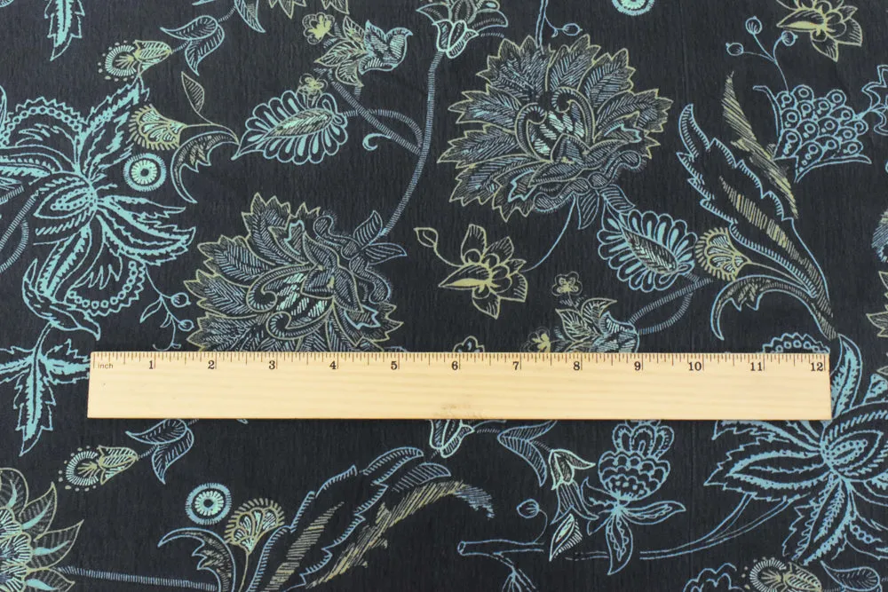 Black-Yellow-Blue Floral Printed Poly Chiffon Woven Fabric