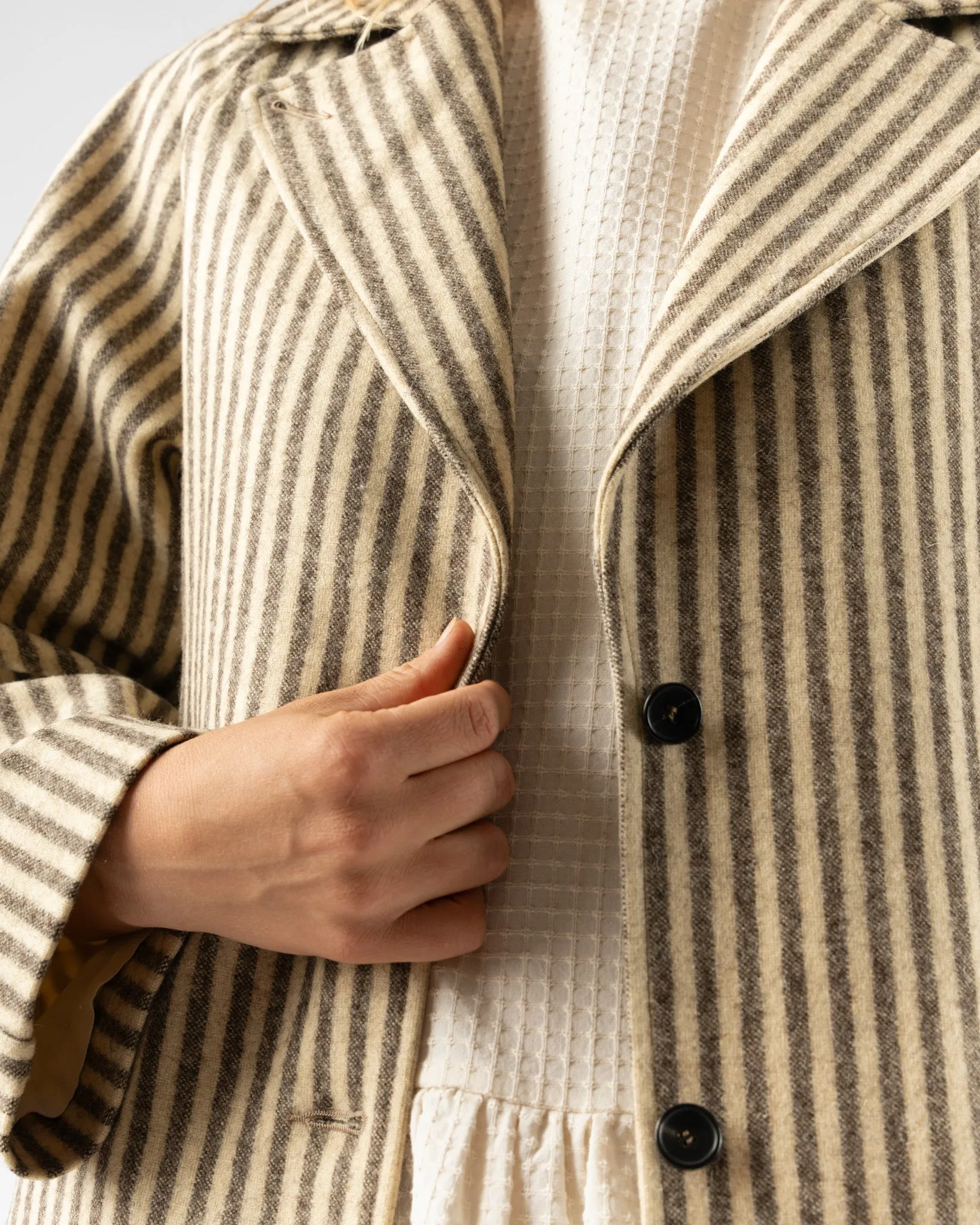 Cawley Portuguese Striped Wool Annie Coat in Ecru and Brown