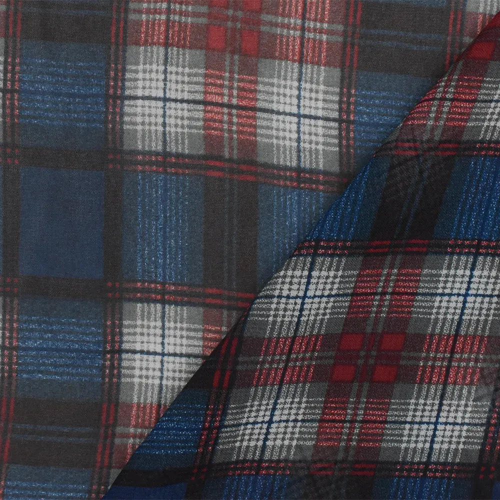 Classic Blue-Red-Multi Plaid Printed Poly Chiffon Woven Fabric