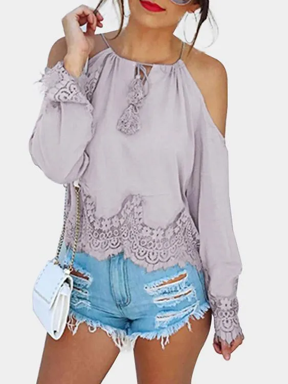 Custom Round Neck Lace Long Sleeve Light Purple Blouses