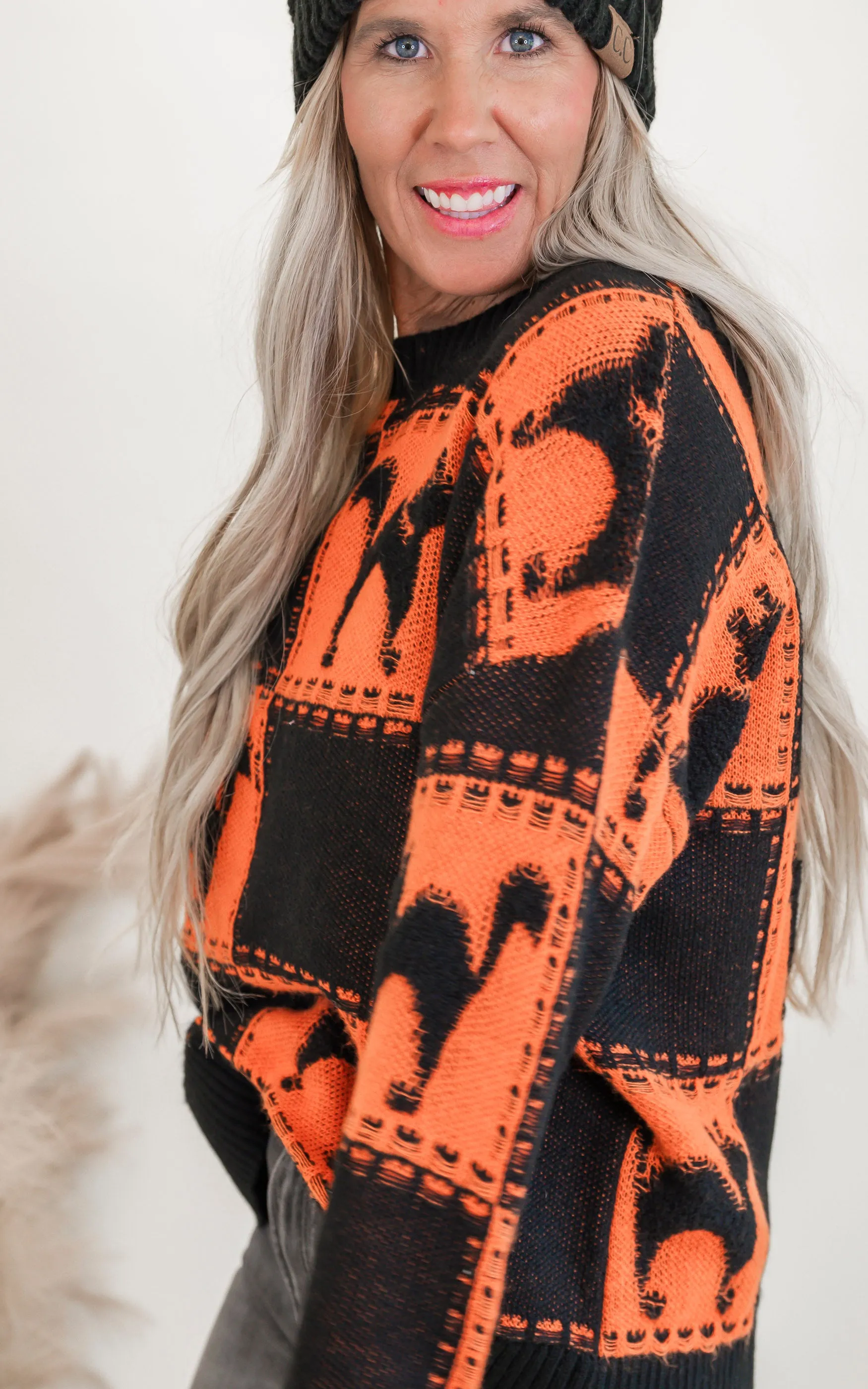 Halloween Black Cat Square Pattern Loose Fit Sweater - Final Sale