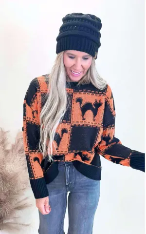 Halloween Black Cat Square Pattern Loose Fit Sweater - Final Sale