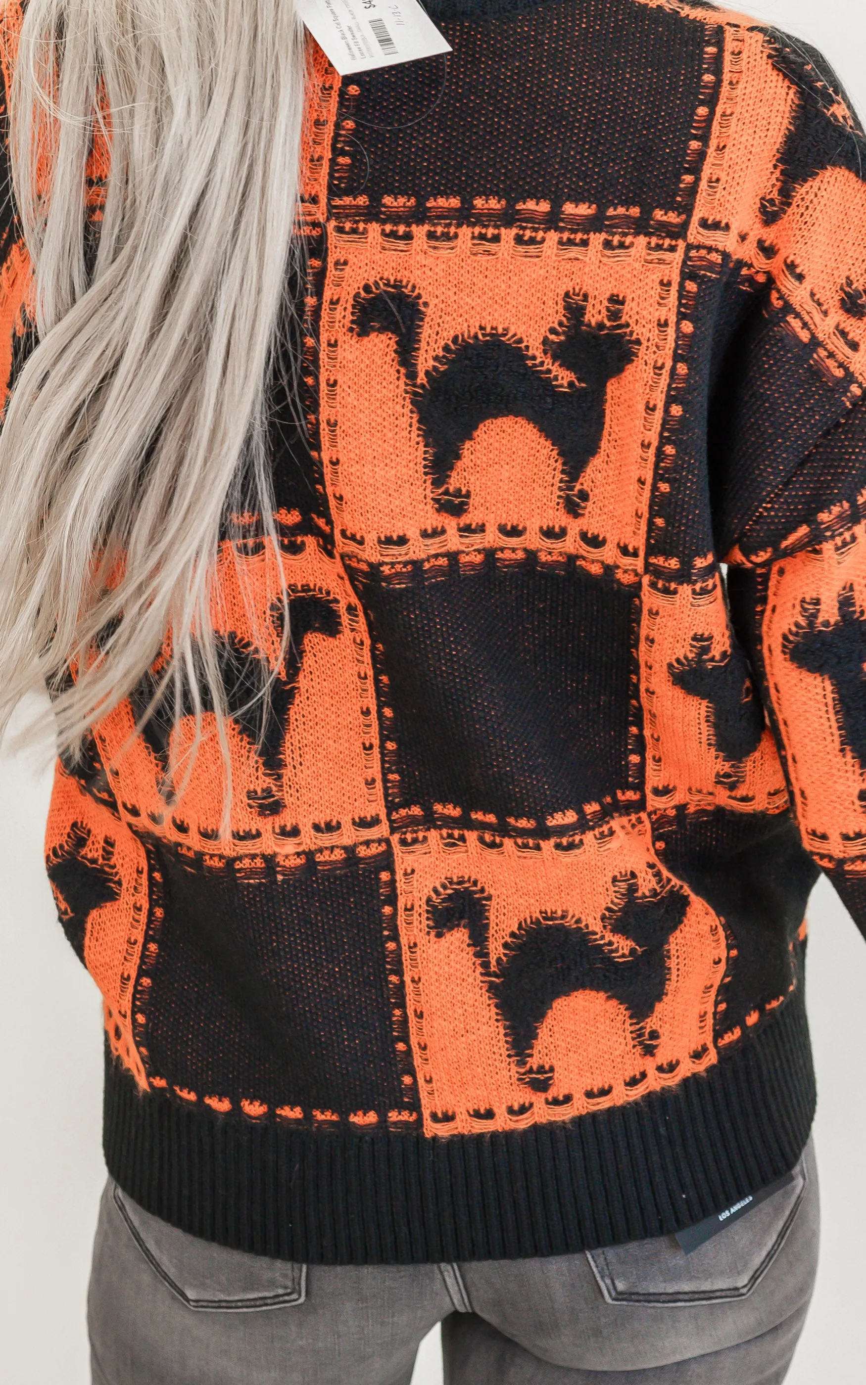 Halloween Black Cat Square Pattern Loose Fit Sweater - Final Sale