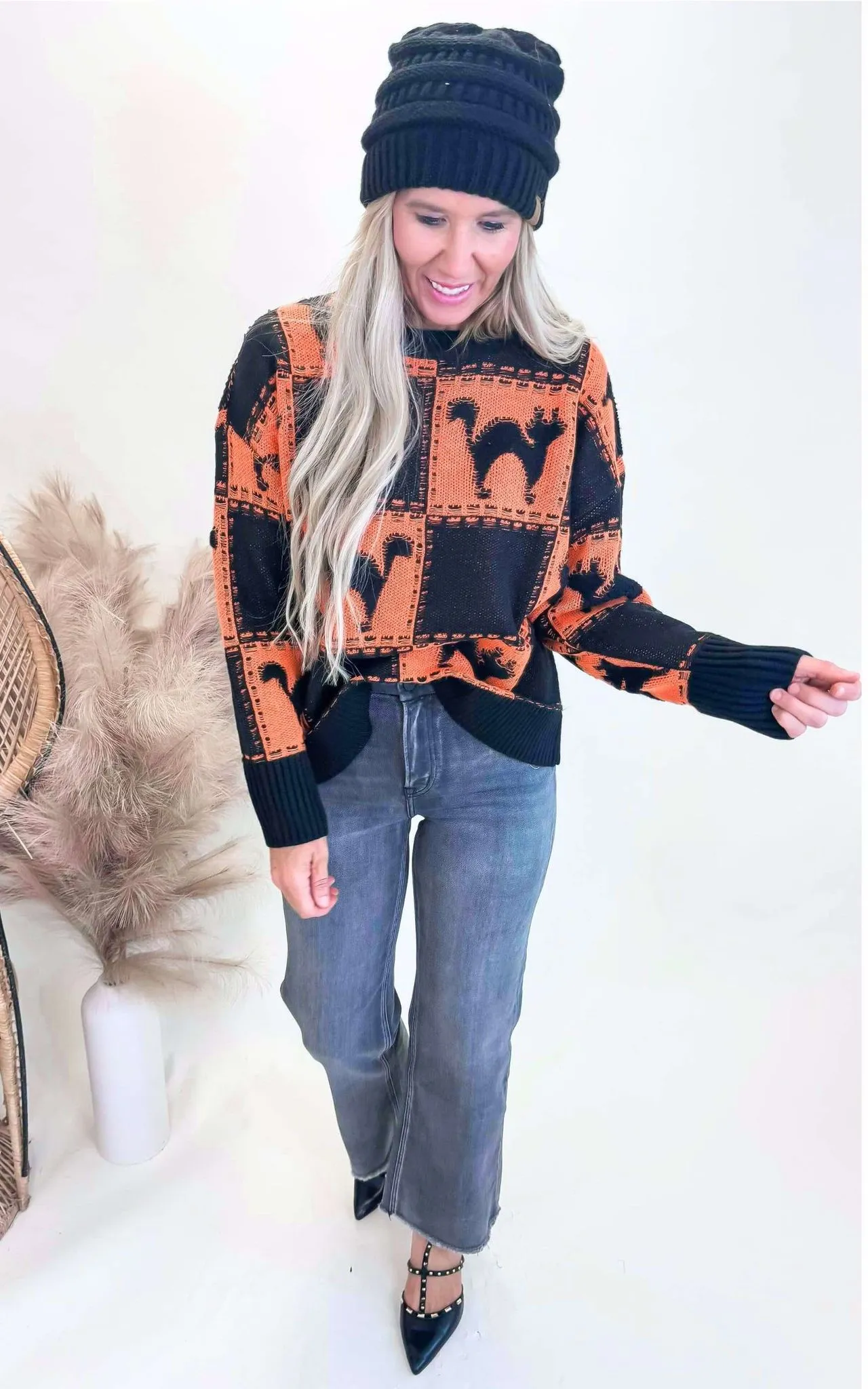 Halloween Black Cat Square Pattern Loose Fit Sweater - Final Sale