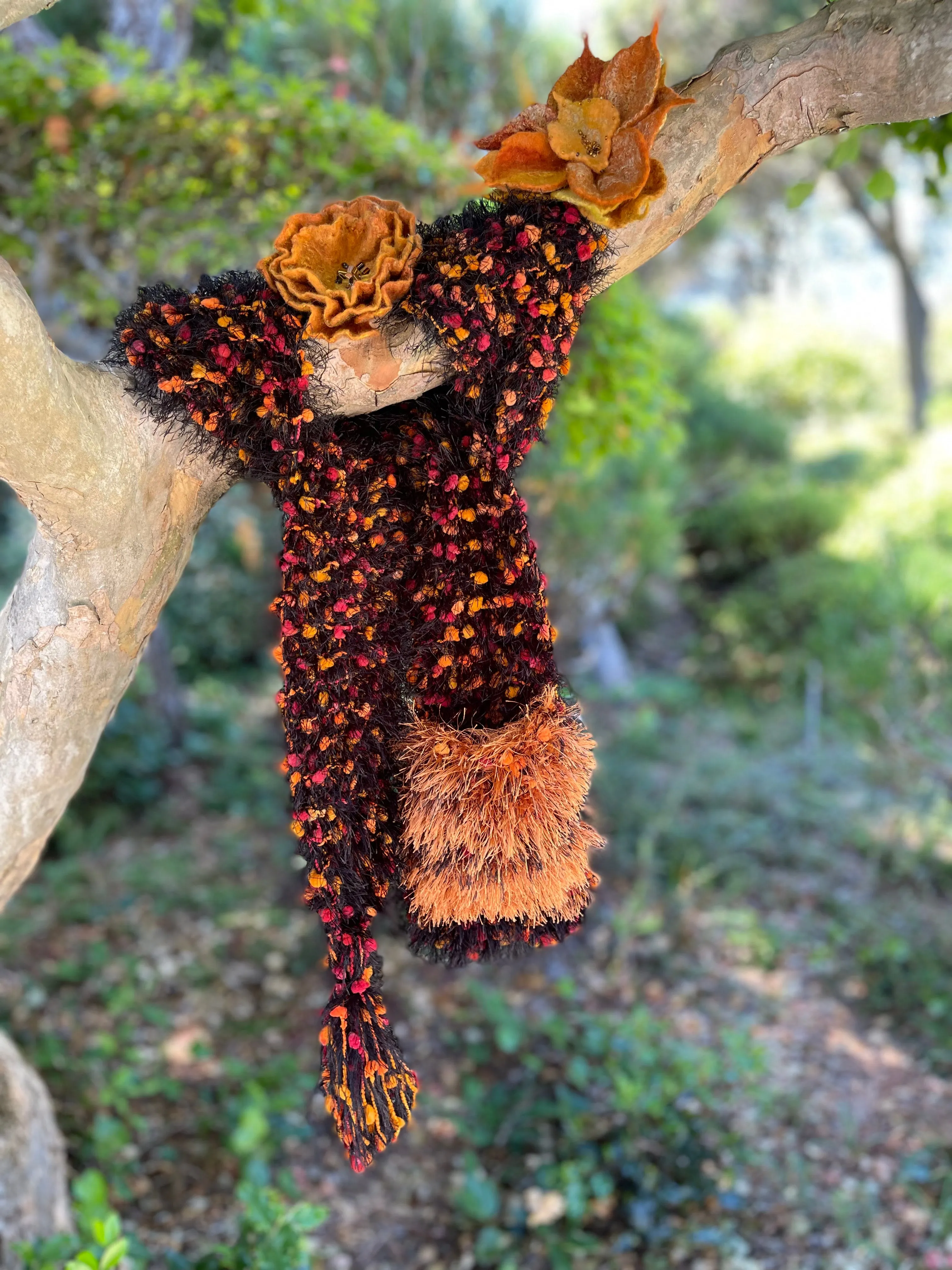 Hand Knitted Scarf for Women with Pocket. Orange, Black Eyelash Fur Yarns