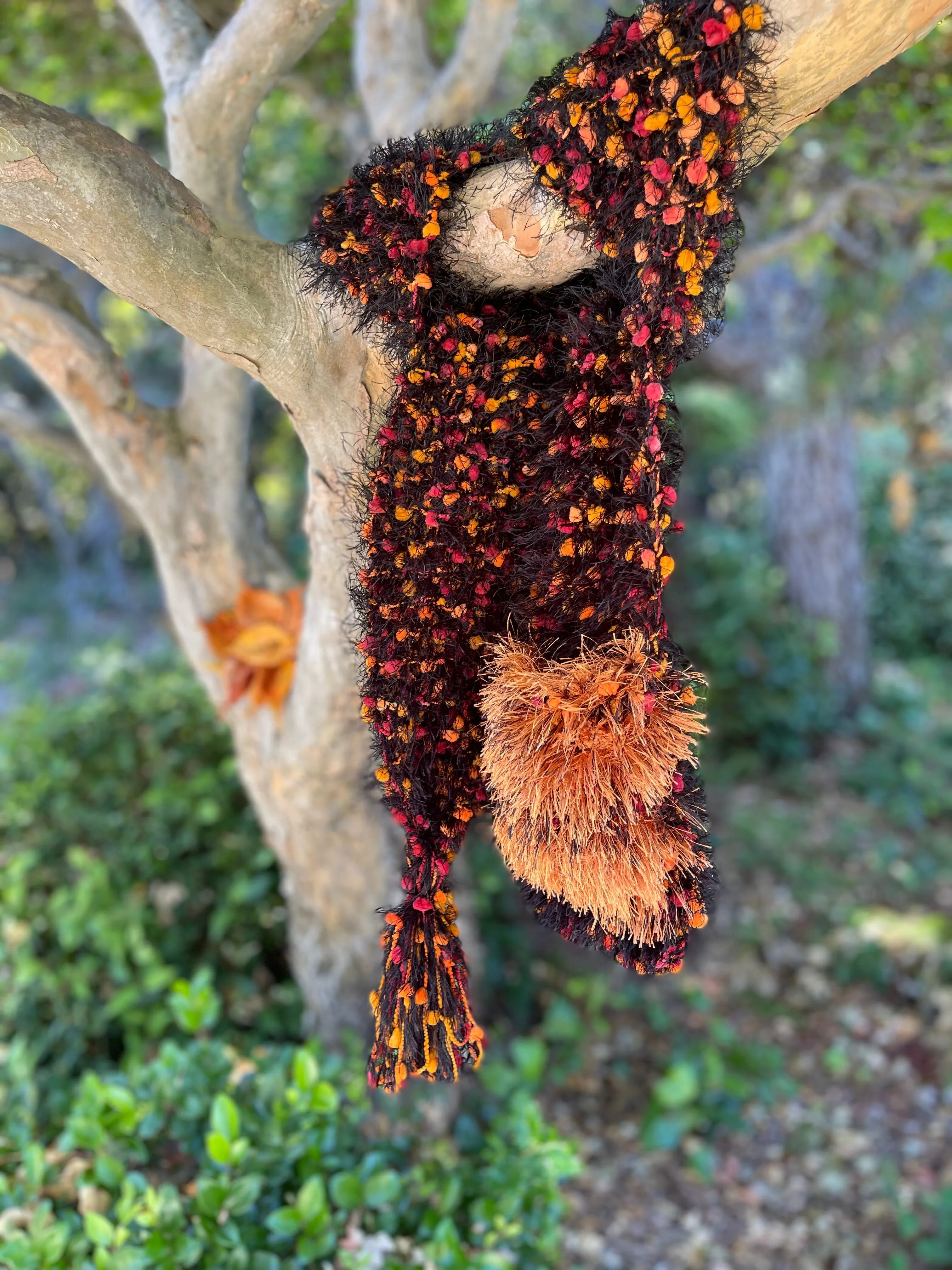 Hand Knitted Scarf for Women with Pocket. Orange, Black Eyelash Fur Yarns