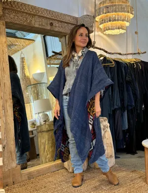 'Indah' Batiq Lined Cape, Indigo. Each one has a unique ikat pattern lining.