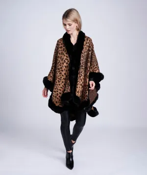 Leopard Print Faux Fur Trimmed Wrap