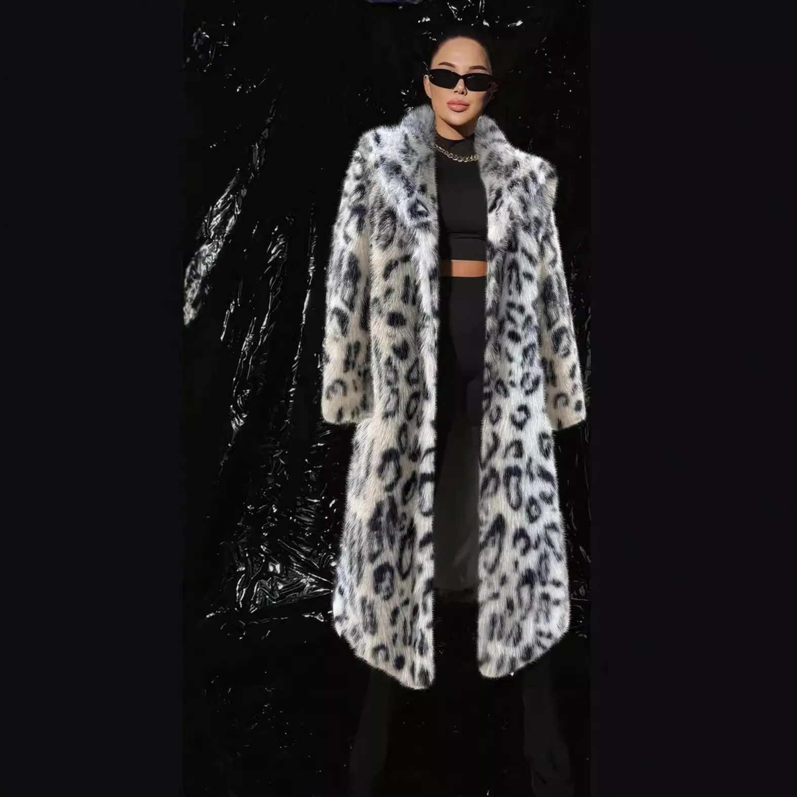 Leopard Print Mid Length Collar Faux Fur Leather Coat