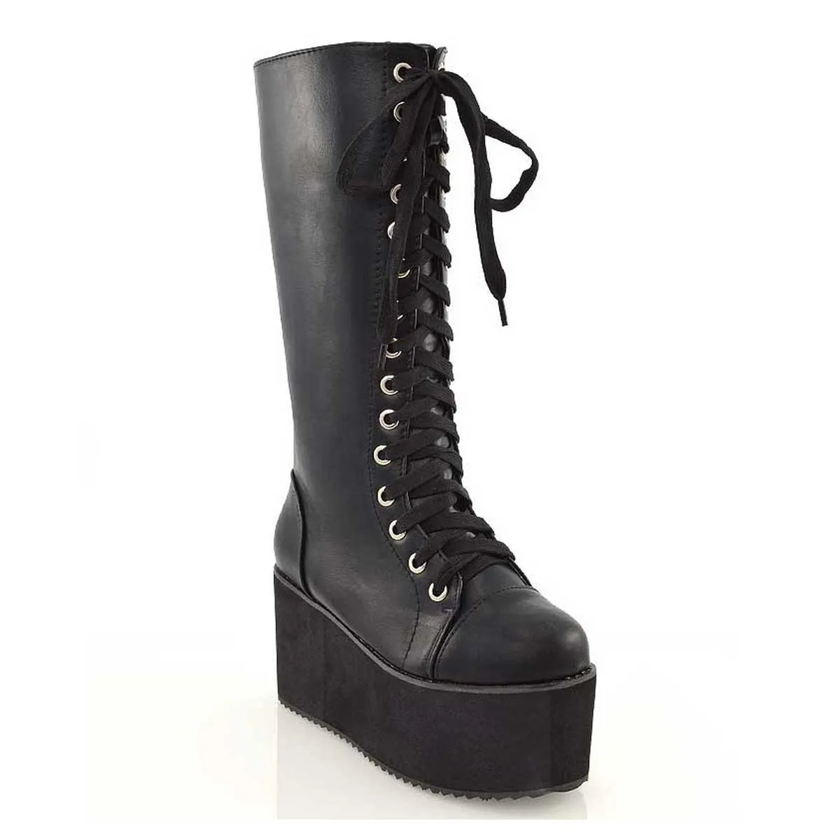 LIZ'S CHUNKY SOLE LACE UP KNEE HIGH BIKER WINTER PLATFORM BOOTS IN BLACK FAUX SUEDE