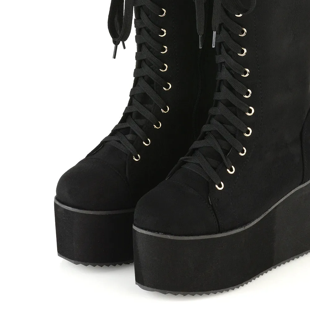 LIZ'S CHUNKY SOLE LACE UP KNEE HIGH BIKER WINTER PLATFORM BOOTS IN BLACK FAUX SUEDE