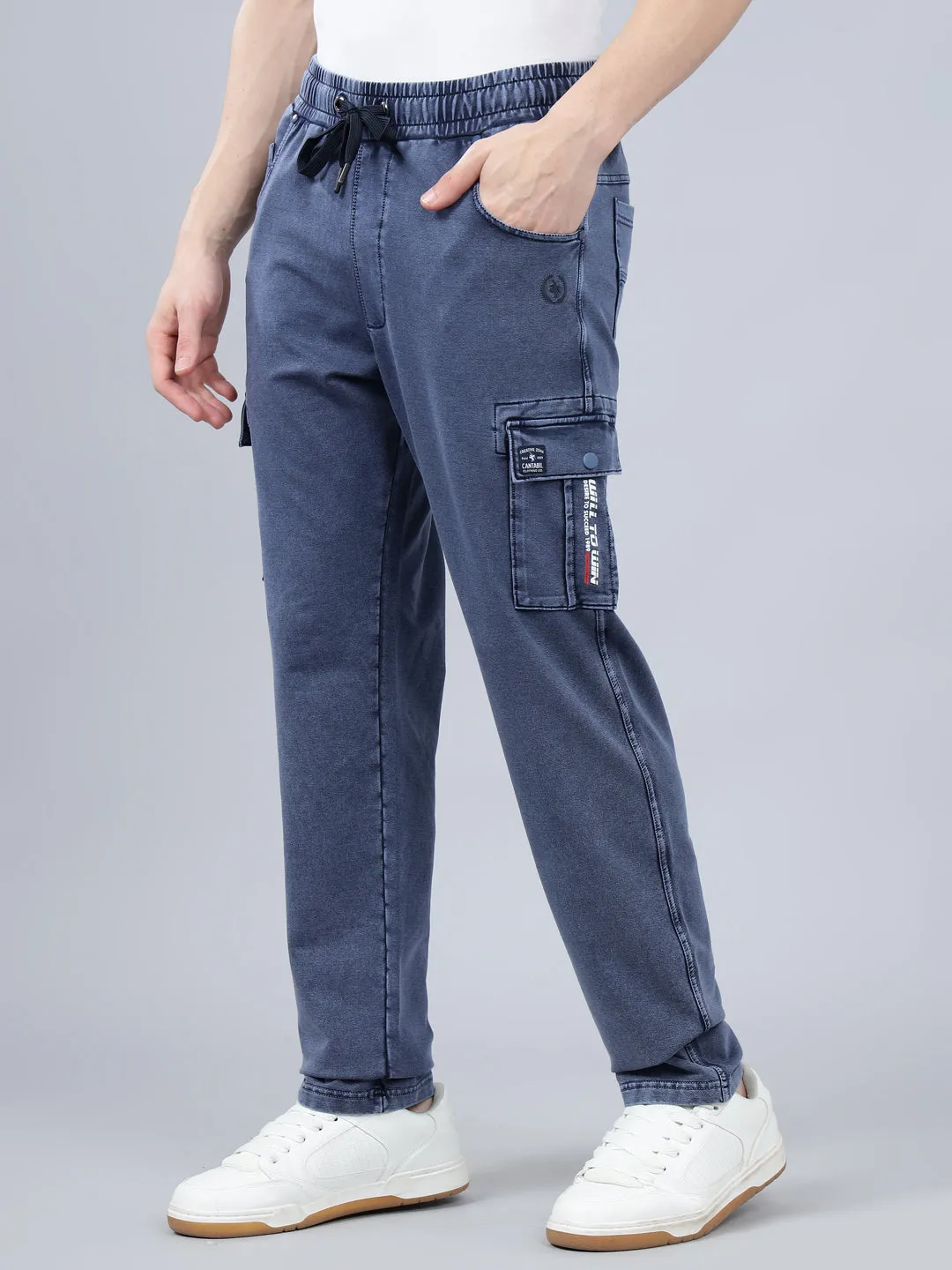 Men's Blue Solid Full Length Winter Cargo Pant