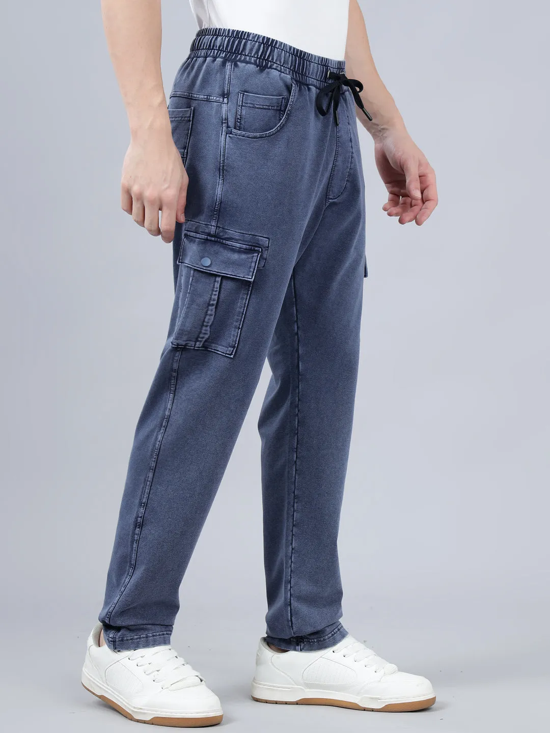 Men's Blue Solid Full Length Winter Cargo Pant