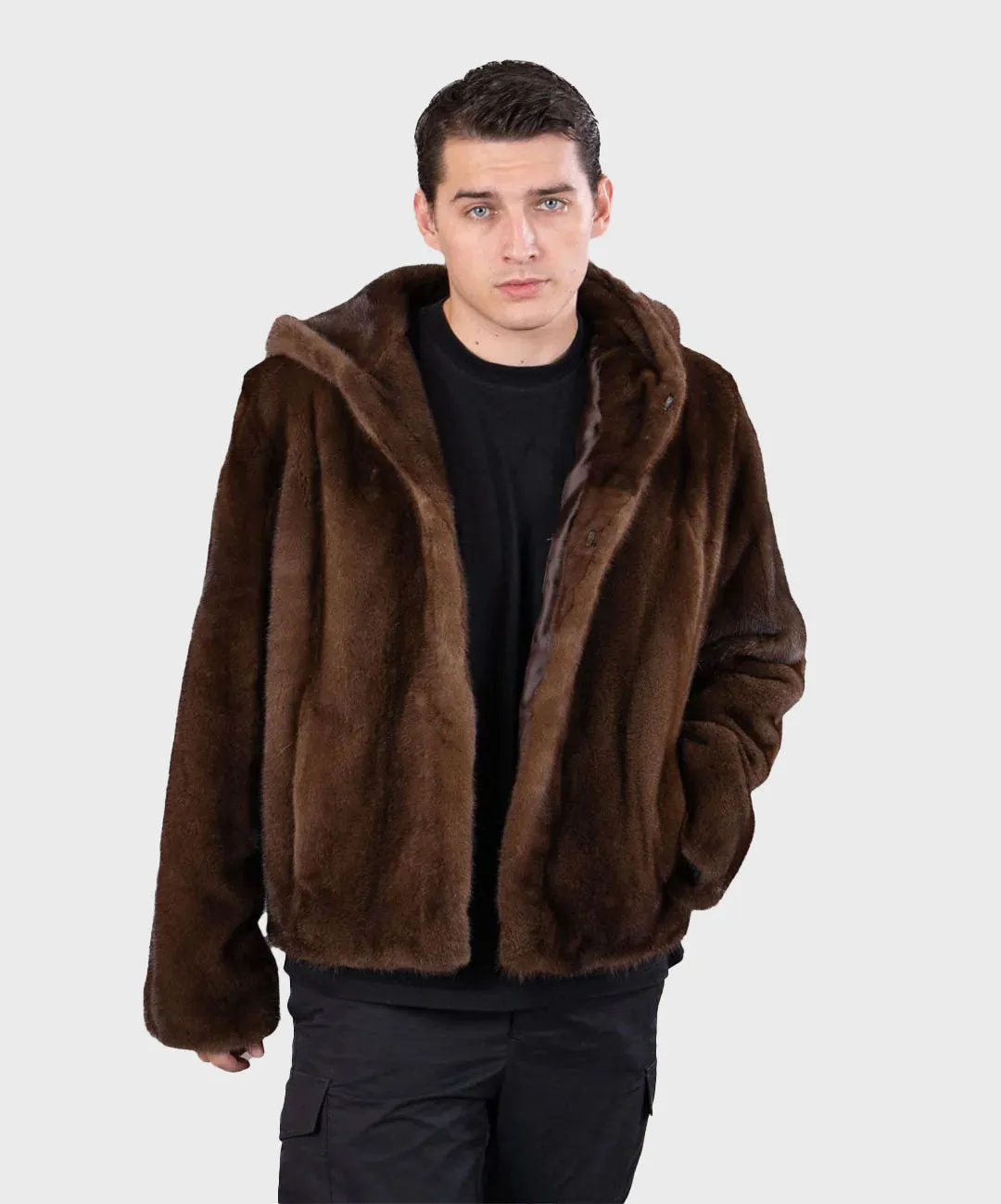 Men's Brown Hooded Mink Jacket