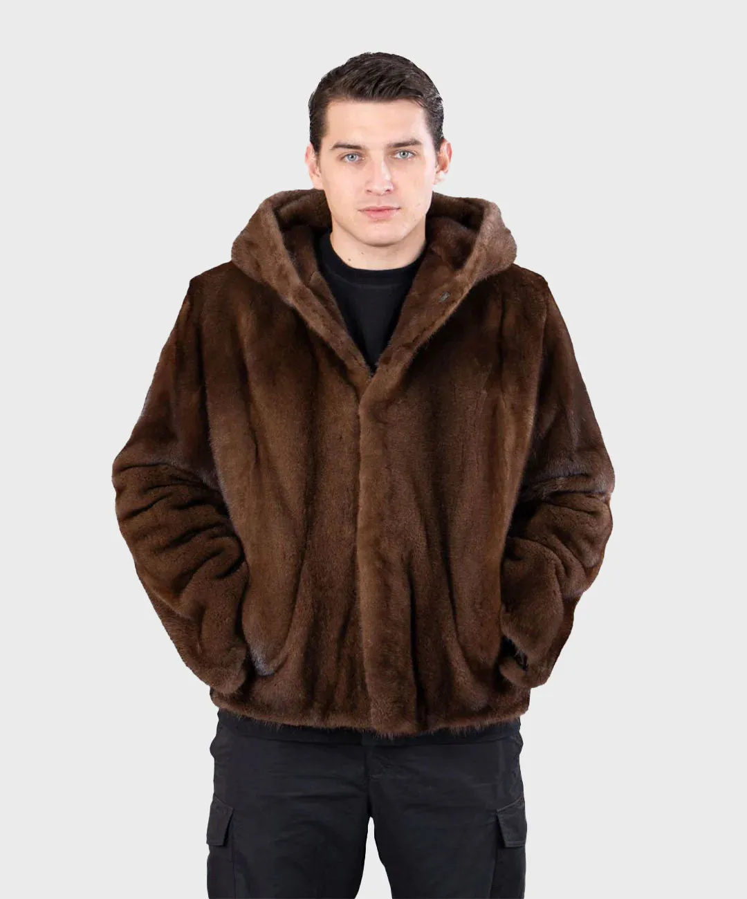 Men's Brown Hooded Mink Jacket