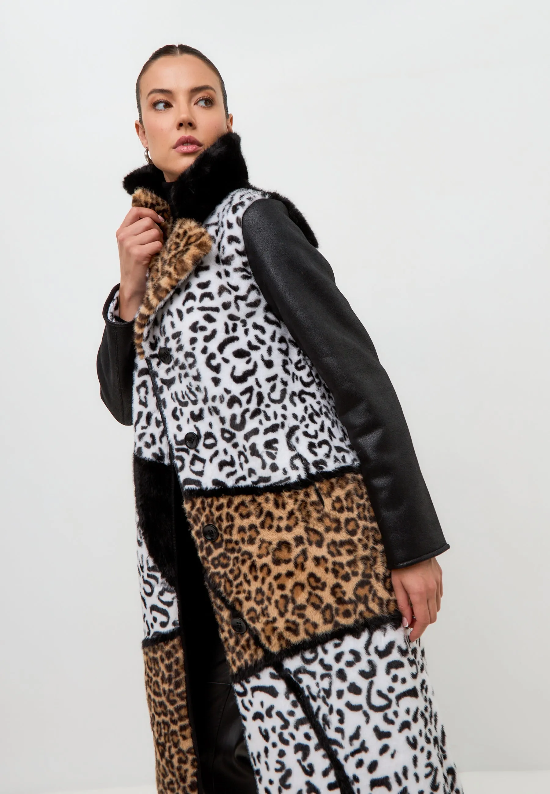 Mixed Print Reversible Faux Fur Coat Flavia - Leopard