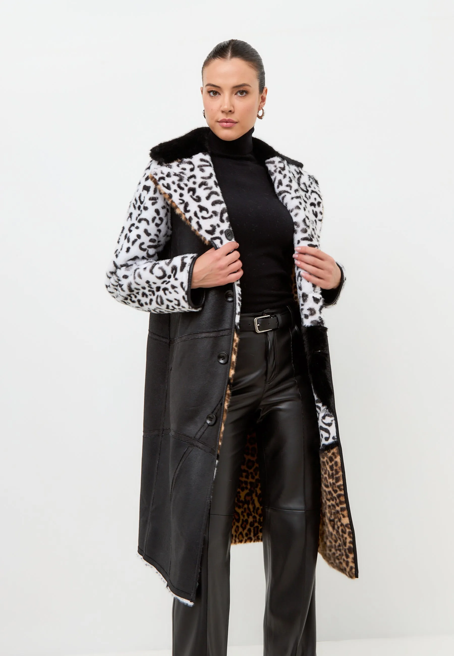 Mixed Print Reversible Faux Fur Coat Flavia - Leopard