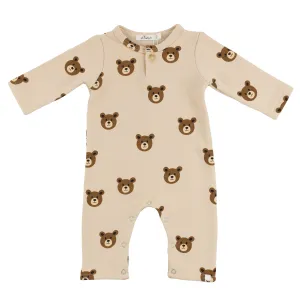 oh baby! One Button Romper French Terry - Teddy Bear Face Print - Biscotti