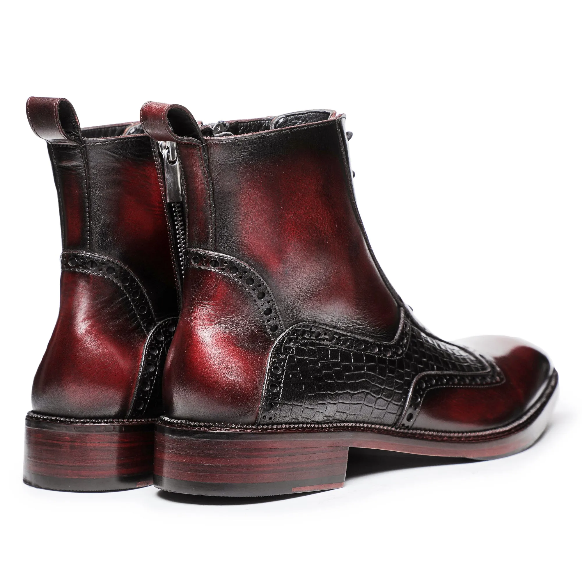 Plain Toe Lace up Boots with Zipper - Wine Red