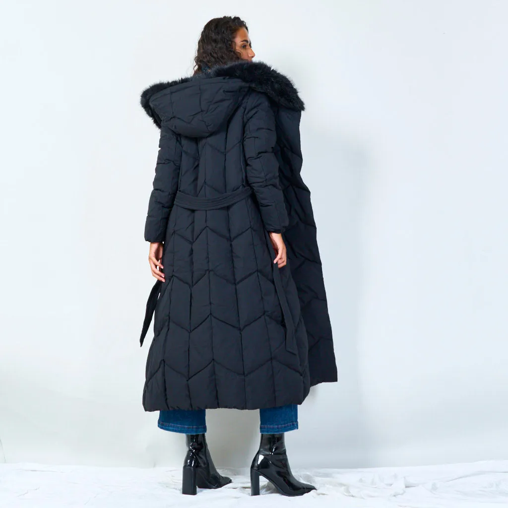 Quilted long coat with fur hood wholesale