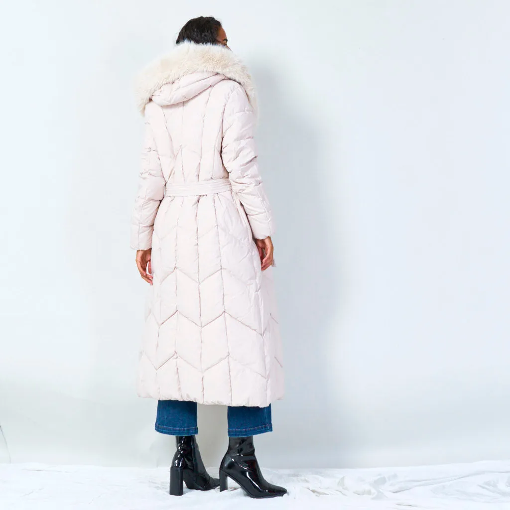 Quilted long coat with fur hood wholesale