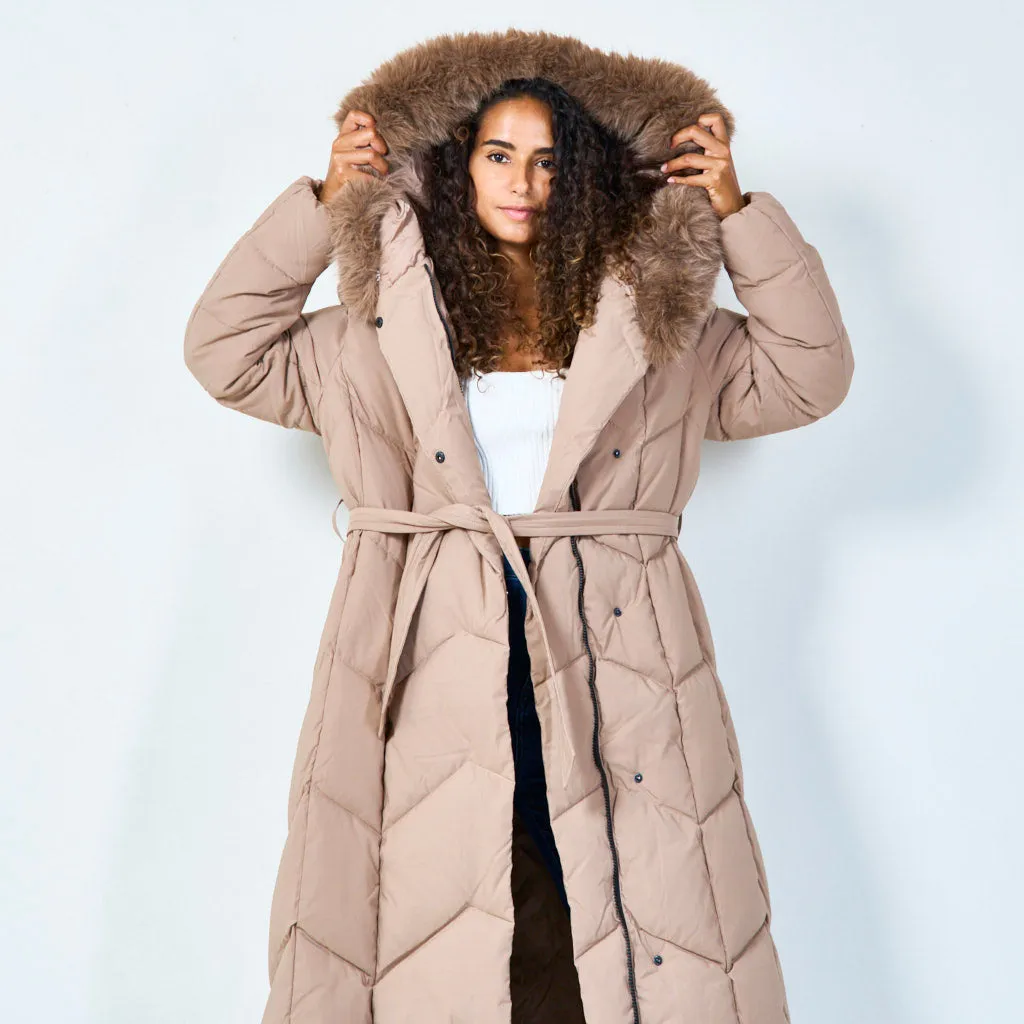 Quilted long coat with fur hood wholesale