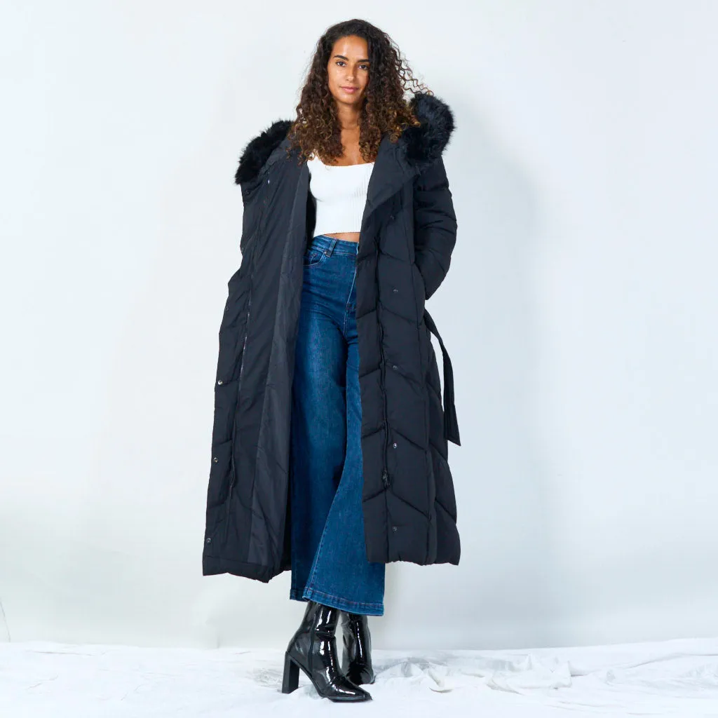 Quilted long coat with fur hood wholesale