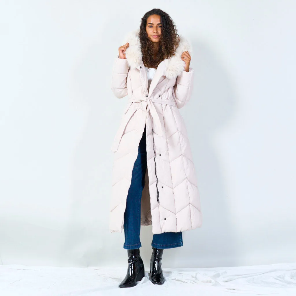 Quilted long coat with fur hood wholesale