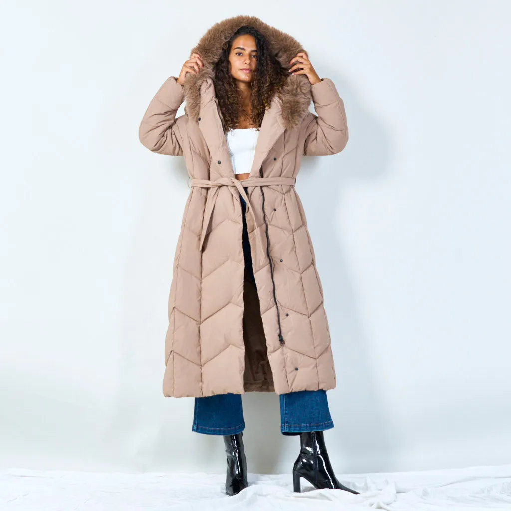 Quilted long coat with fur hood wholesale