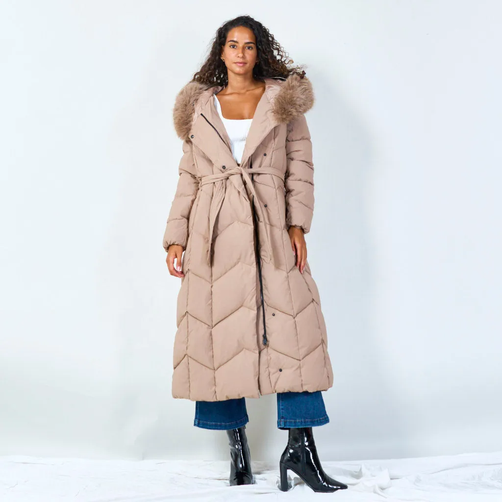 Quilted long coat with fur hood wholesale