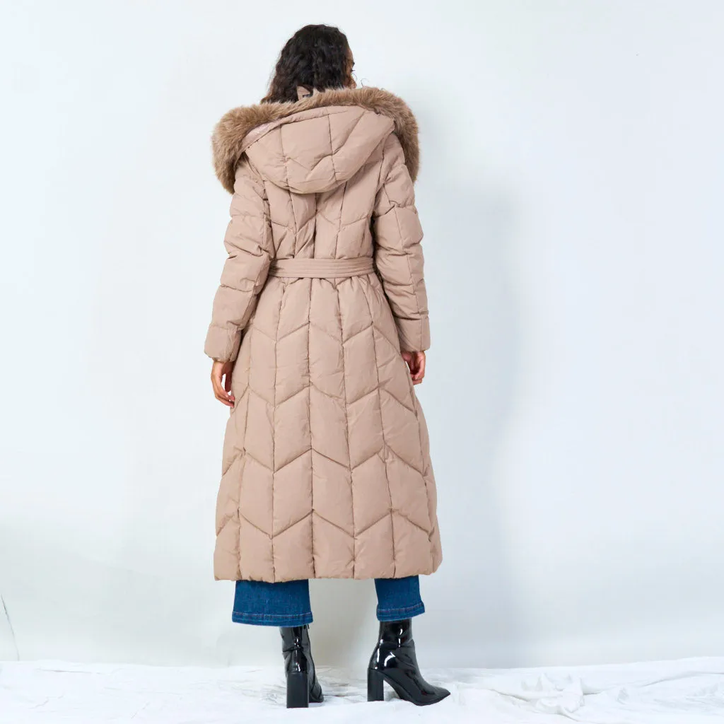 Quilted long coat with fur hood wholesale