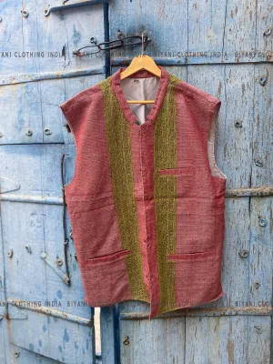 Red Solid Sustainable Handloom Cotton Handmade Nehru Jacket