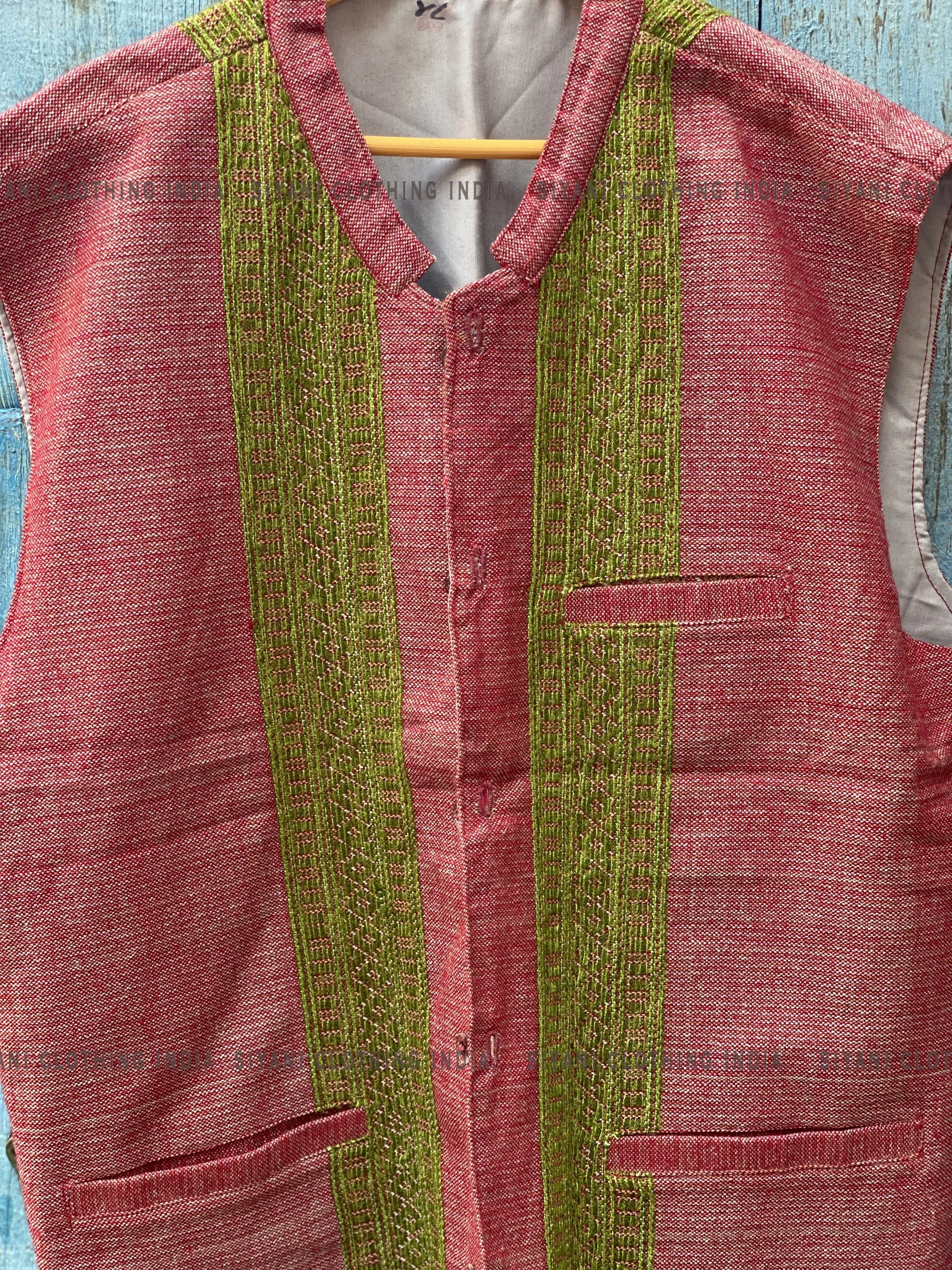 Red Solid Sustainable Handloom Cotton Handmade Nehru Jacket