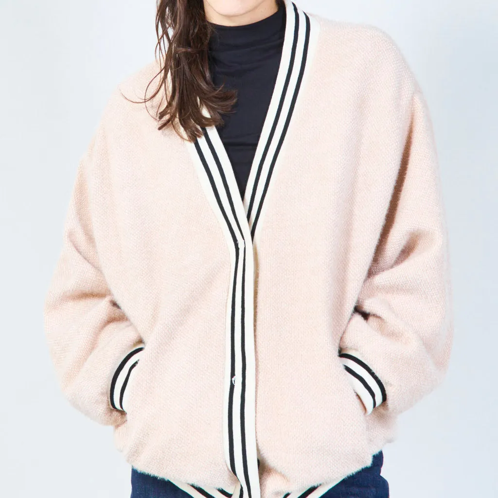 Sporty knit cardigan with striped trim wholesale