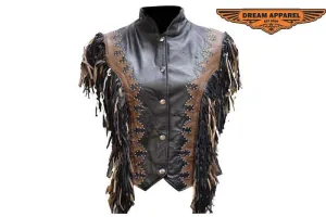 Women Black and Brown Vest with Beads, Bone, Braid & Fringe with Snaps